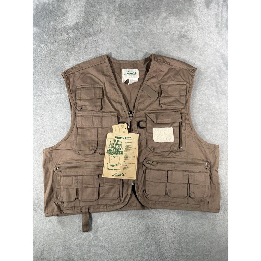 Ausable Fishing Vest Mens Large Tan Full Zip Cotton Twill Angler Outdoor NWT